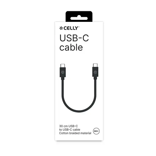 Celly USB-C naar USB-C Kabel 30cm Gevlochten Stof Zwart Geschikt voor Android en iPhone Snel Laden tot 60 Watt Celly USB-C naar USB-C Kabel 30cm Gevlochten Stof Zwart Geschikt voor Android en iPhone Snel Laden tot 60 Watt