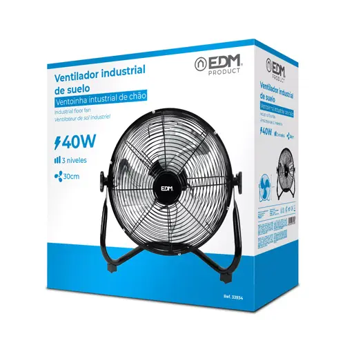 EDM EDM industriële vloerventilator 40W zwart Ø30 cm, stille ventilator 3 standen - werkplaats garage kantoor ventilator 1860 m3/h