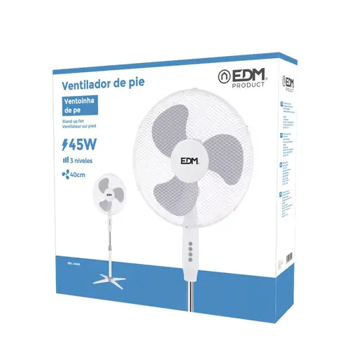 EDM EDM staande ventilator wit 45W Ø40cm verstelbaar 3 standen - ventilator met zwenkfunctie stille ventilator 60dB