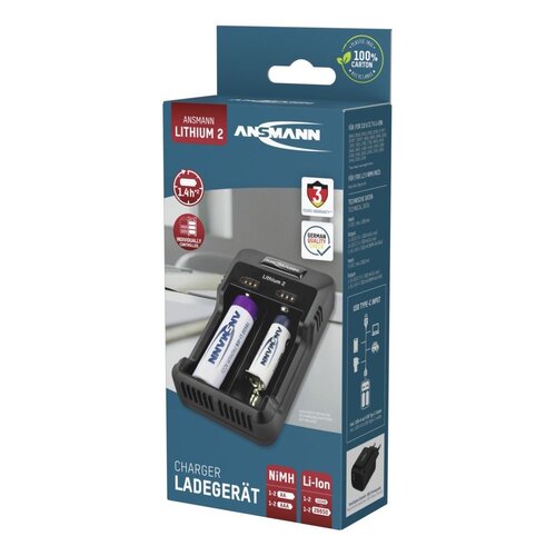 Ansmann ANSMANN Lithium 2 batterijlader Li-ion AA AAA, geschikt voor 18650 26650 - universele oplader 2 slots USB