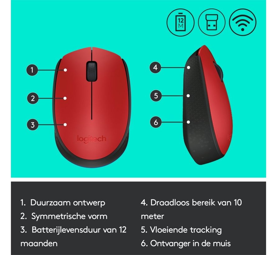 M171 | Ambidextrous Draadloze Muis | RF-Draadloos | 1000 DPI | Rood/Zwart