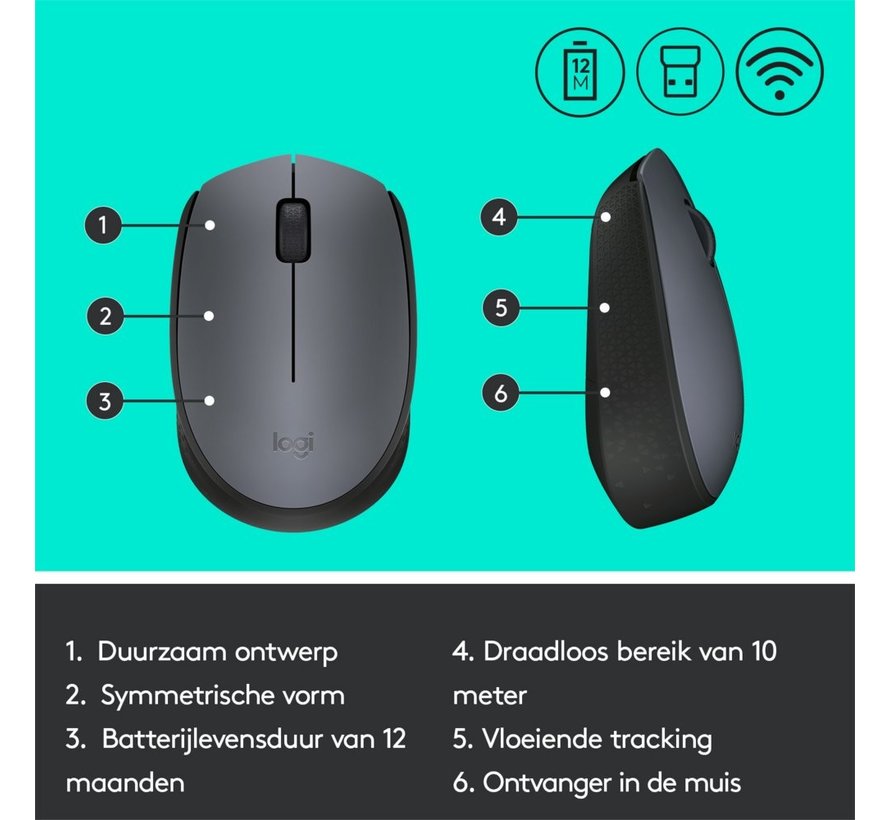 M170 | Draadloze Muis | Links- en Rechtshandig | RF | 1000 DPI | Grijs