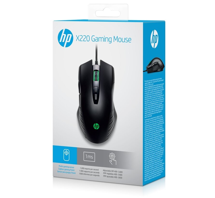 HP X220 | Bedrade Gaming Muis | Links- en Rechtshandig | USB-A | 3600 DPI | Zwart