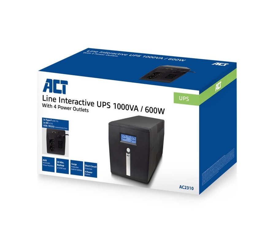 Line-Interactive UPS AC2310 | 1000 VA Vermogen | 4 Uitgangen | Spanningstabilisatie met AVR | Beveiliging bij Netstoringen