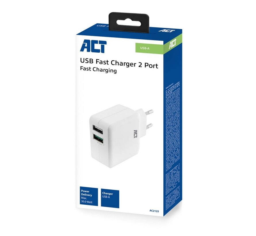 AC2125 | Fast Charge Dual USB-A Oplader 30W | Wit