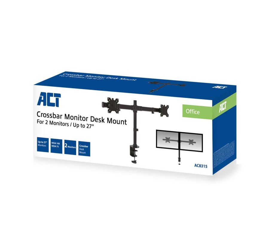 AC8315 | In Hoogte Verstelbare Monitor-bureaubeugel | Tot 27" | Max 7kg | VESA 100x100 | 2 Monitoren