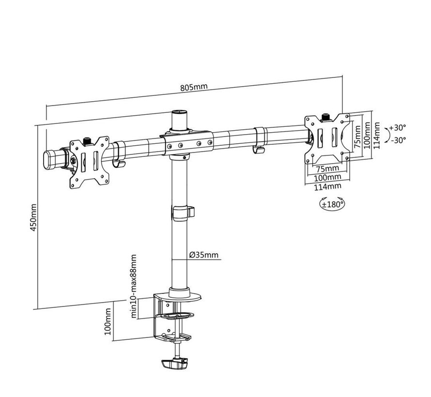 AC8315 | In Hoogte Verstelbare Monitor-bureaubeugel | Tot 27" | Max 7kg | VESA 100x100 | 2 Monitoren