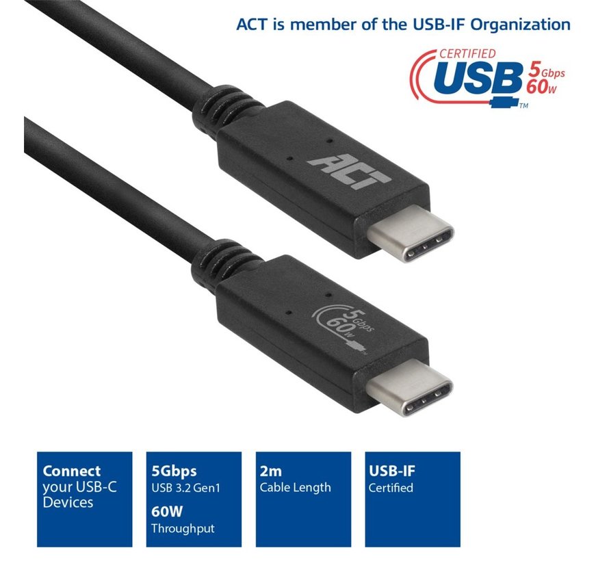 AC7402 | USB 3.2 Gen 1 Kabel | USB-C naar USB-C | 2m | Zwart