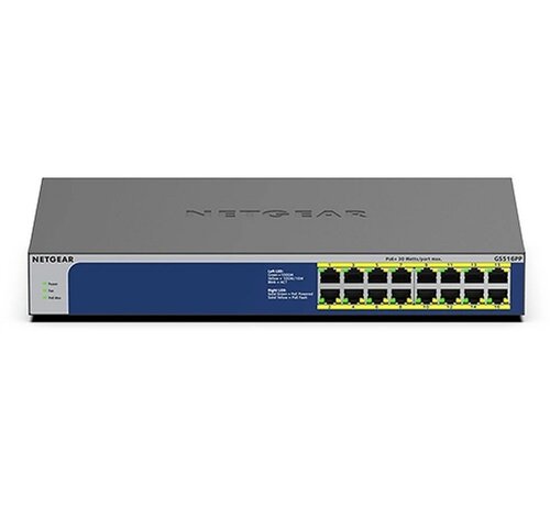 Netgear NETGEAR GS516PP Unmanaged Gigabit Ethernet (10/100/1000) Power over Ethernet (PoE) Blauw, Grijs