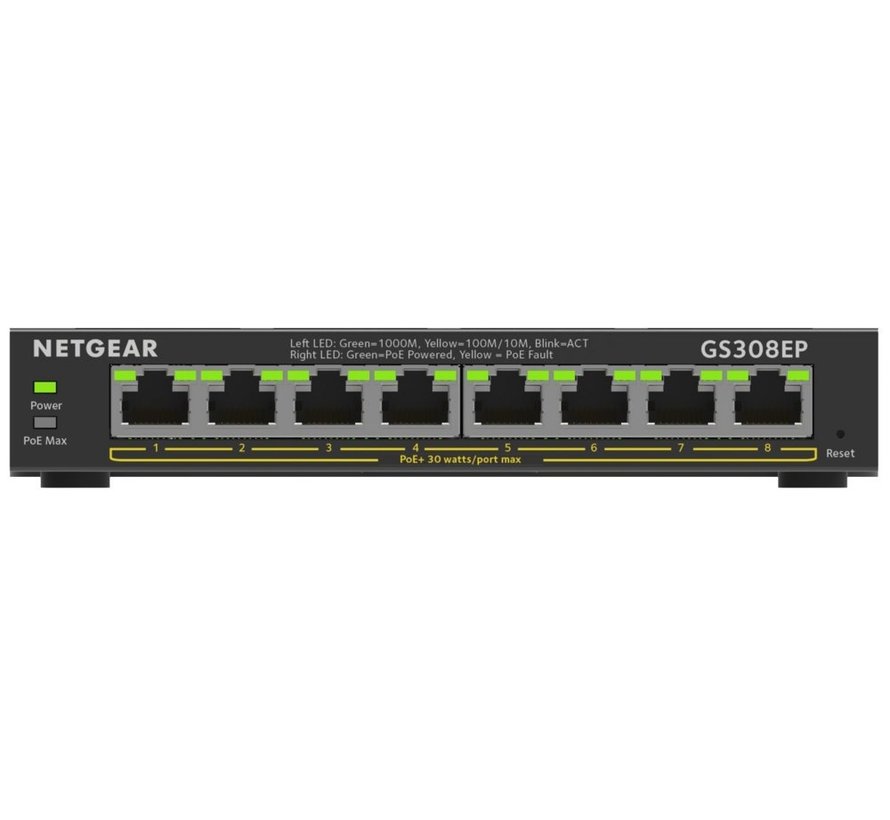 GS308EP-100PES | 8-poorts Gigabit Smart Managed Plus PoE+ Switch | 62W PoE-vermogen | VLAN/QoS | Compact