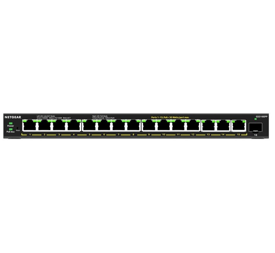 GS316EPP-100PES | 16-poorts Gigabit Smart Managed Plus PoE+ Switch | 231W PoE-vermogen | VLAN/QoS | 1 SFP | Ventilatorloos