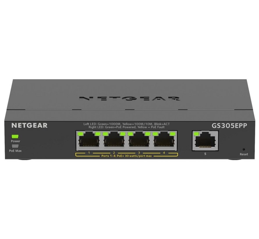GS305EPP-100PES | 5-poorts Gigabit Smart Managed Plus PoE+ Switch | 120W PoE-vermogen | VLAN/QoS | Webbeheer