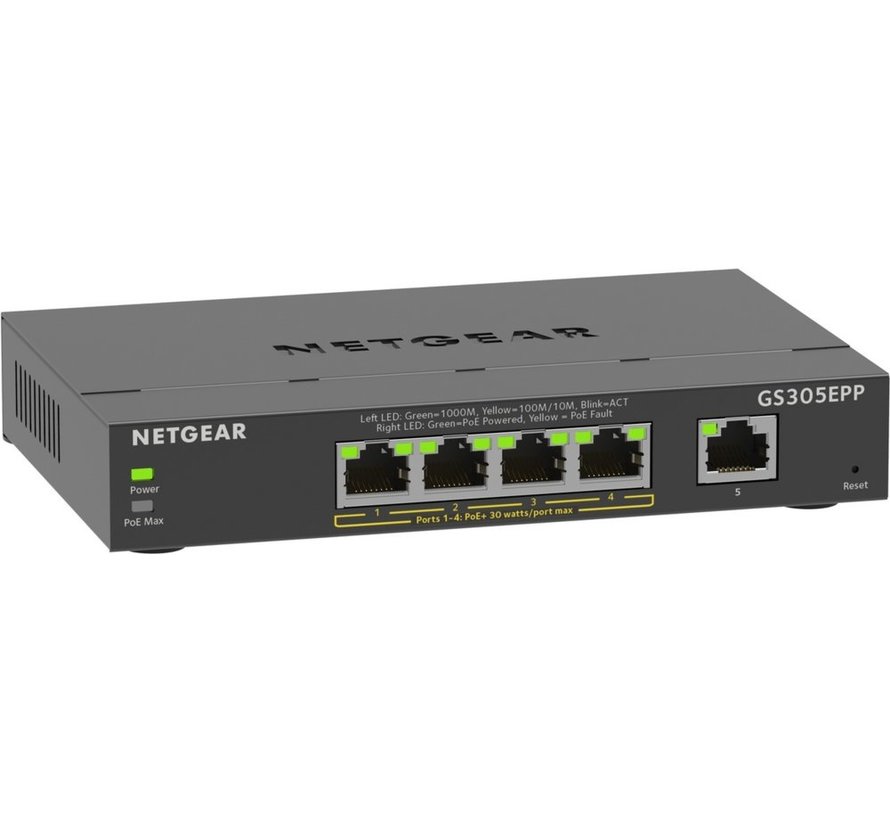 GS305EPP-100PES | 5-poorts Gigabit Smart Managed Plus PoE+ Switch | 120W PoE-vermogen | VLAN/QoS | Webbeheer