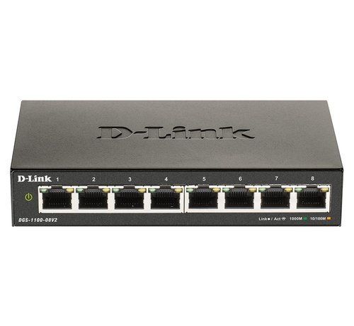 D-LINK D-Link DGS-1100-08V2 | 8-poorts Gigabit L2 Smart Managed Switch | Fanless | VLAN, QoS, IGMP Snooping