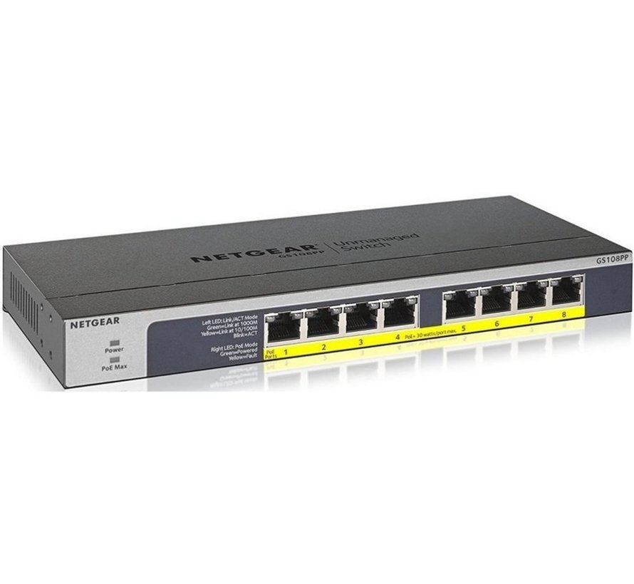 NETGEAR GS108PP | Unmanaged | Gigabit Ethernet (10/100/1000 Mbps) | Power over Ethernet (PoE)