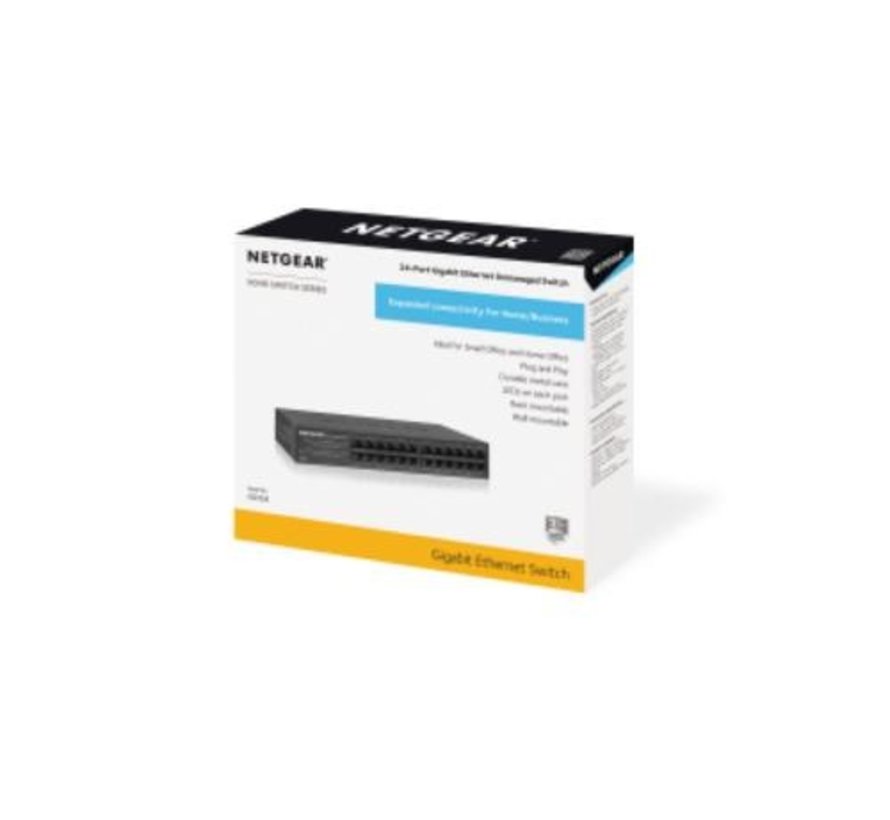 NETGEAR GS324 | 24-Poorts Unmanaged Gigabit Switch | Ventilatorloos | Rackmount | Zwart