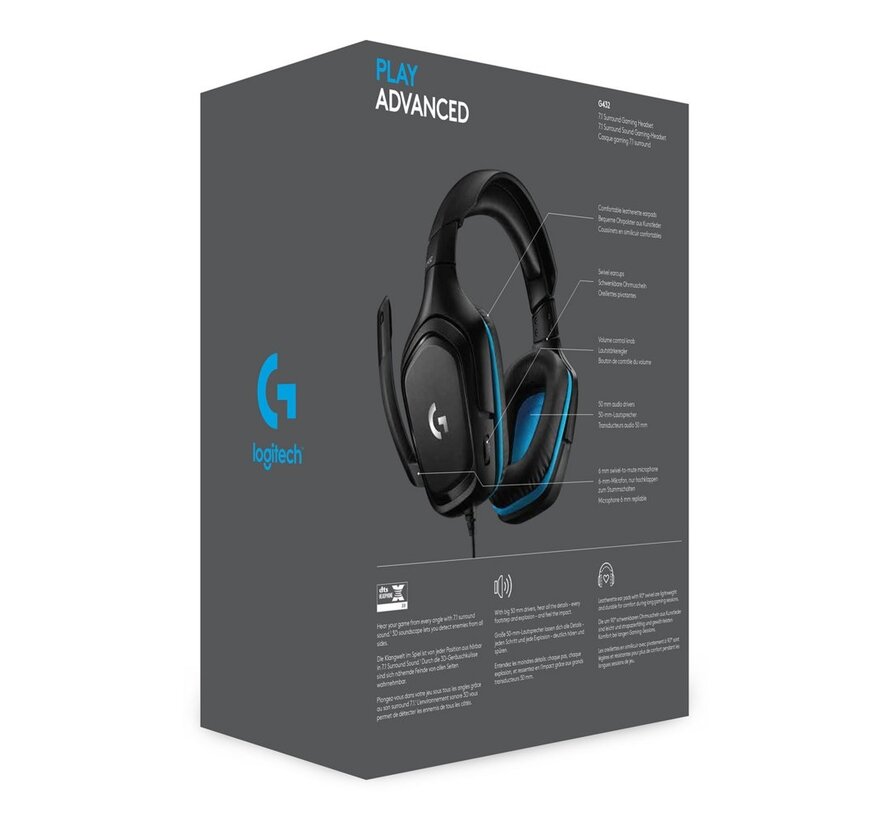 G432 | Bedrade Over-ear Gaming Headset 3.5mm Connector | 7.1 Surround | Zwart/Blauw