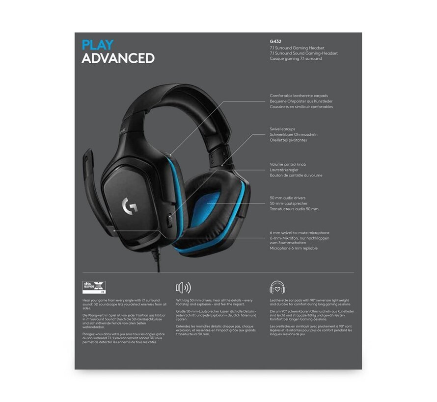 G432 | Bedrade Over-ear Gaming Headset 3.5mm Connector | 7.1 Surround | Zwart/Blauw