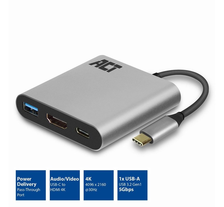 AC7022 USB-C naar HDMI female adapter met PD Pass-Through 60W, 4K, USB-A