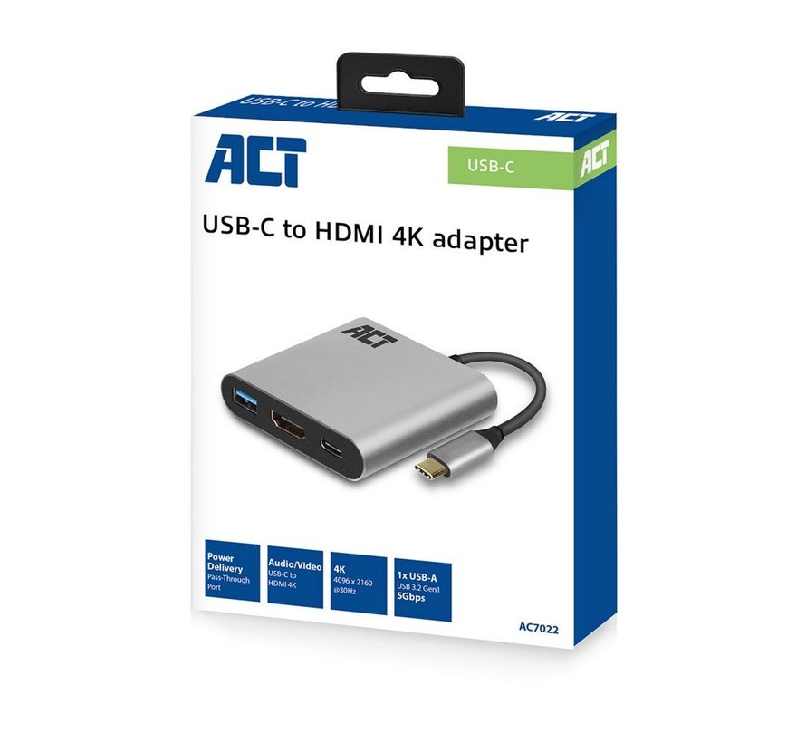 AC7022 | USB-C naar HDMI Female Adapter | PD Pass-Through 60W | 4K | USB-A