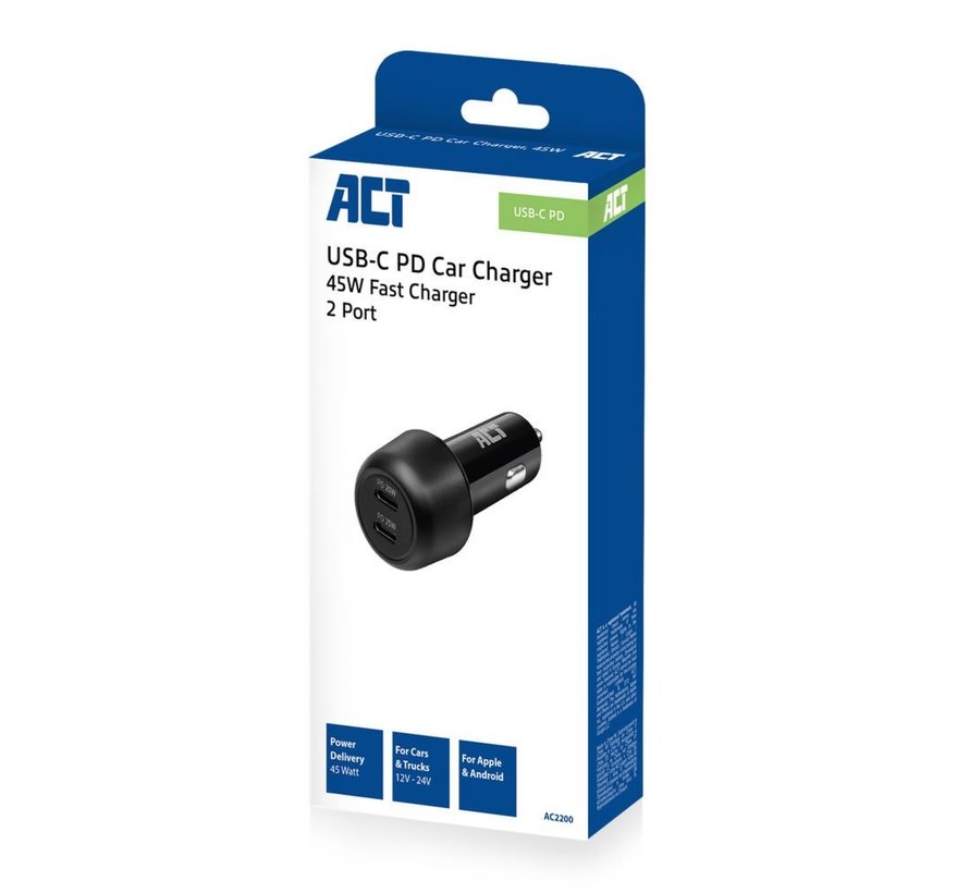 AC2200 | USB-C Autolader voor Mobiele Apparaten 25W | Zwart