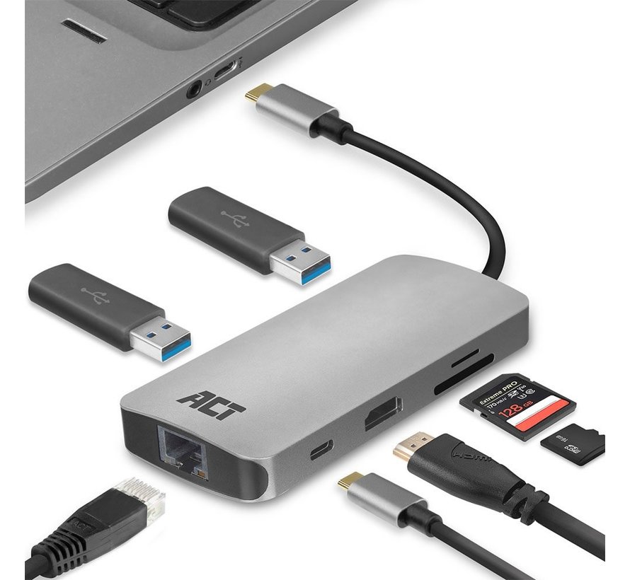 AC7041 USB-C naar HDMI multiport adapter met ethernet, USB hub, cardreader en PD pass through