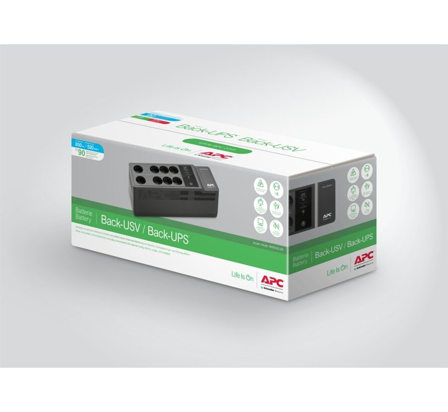 Back-UPS BE850G2-GR | 850 VA | 8 Schuko Stopcontacten (6 op Accu) | USB Type-A & C | AVR Spanningstabilisatie | Bescherming tegen Stroomstoringen