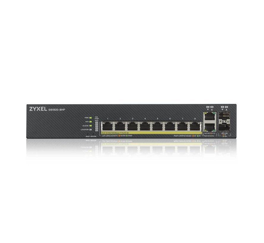 Zyxel GS1920-8HPV2 | Managed Switch | Gigabit Ethernet (10/100/1000) | Power over Ethernet (PoE) | Zwart