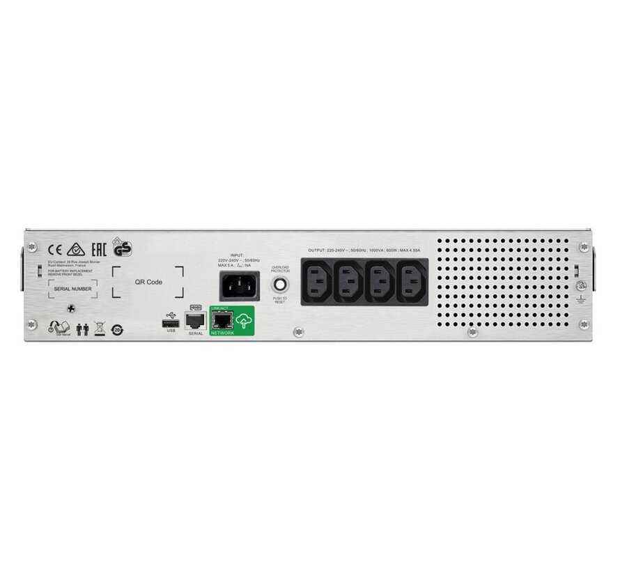 Smart-UPS SMC1000I-2UC | 1000 VA / 600 W | 2U Rackmount | 4x IEC C13 Stopcontacten | AVR Spanningsregeling | LCD-scherm | SmartConnect