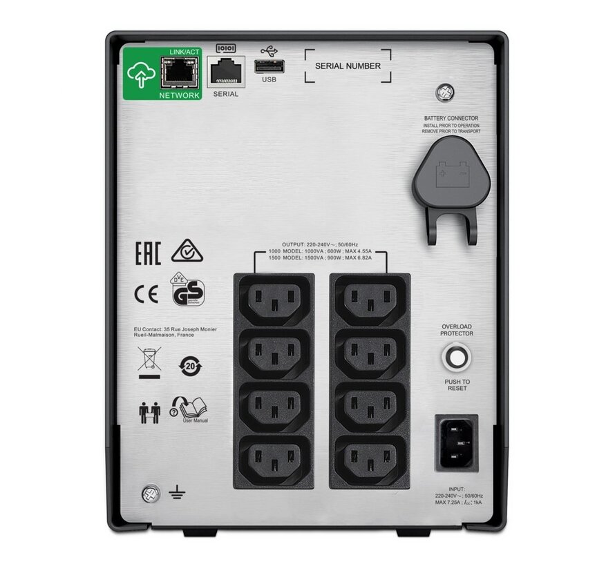 Smart-UPS SMC1500IC | 1500 VA / 900 W | Zuivere Sinusgolf-uitgang (netstroomkwaliteit) | 8x IEC | AVR | LCD | SmartConnect