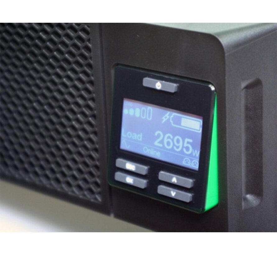 Smart-UPS SRT3000RMXLI | 3000 VA / 2700 W | 2U Rackmount | 8x IEC C13 & 2x IEC C19 Stopcontacten | Dubbele Conversie Online | Zuivere Sinusgolf |