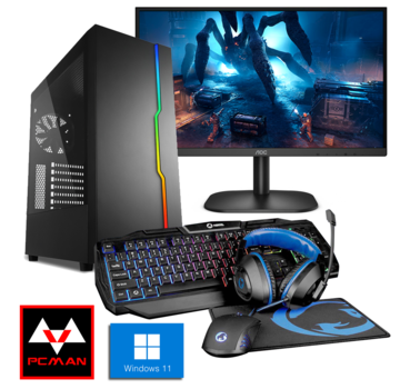 Pcman Pcman Game Pc  Slider - i5-11400F - RTX 3060 - 16 GB geheugen - 480 GB SSD + Monitor + Headset + Muis + Toetsenbord met Windows 11 Pro