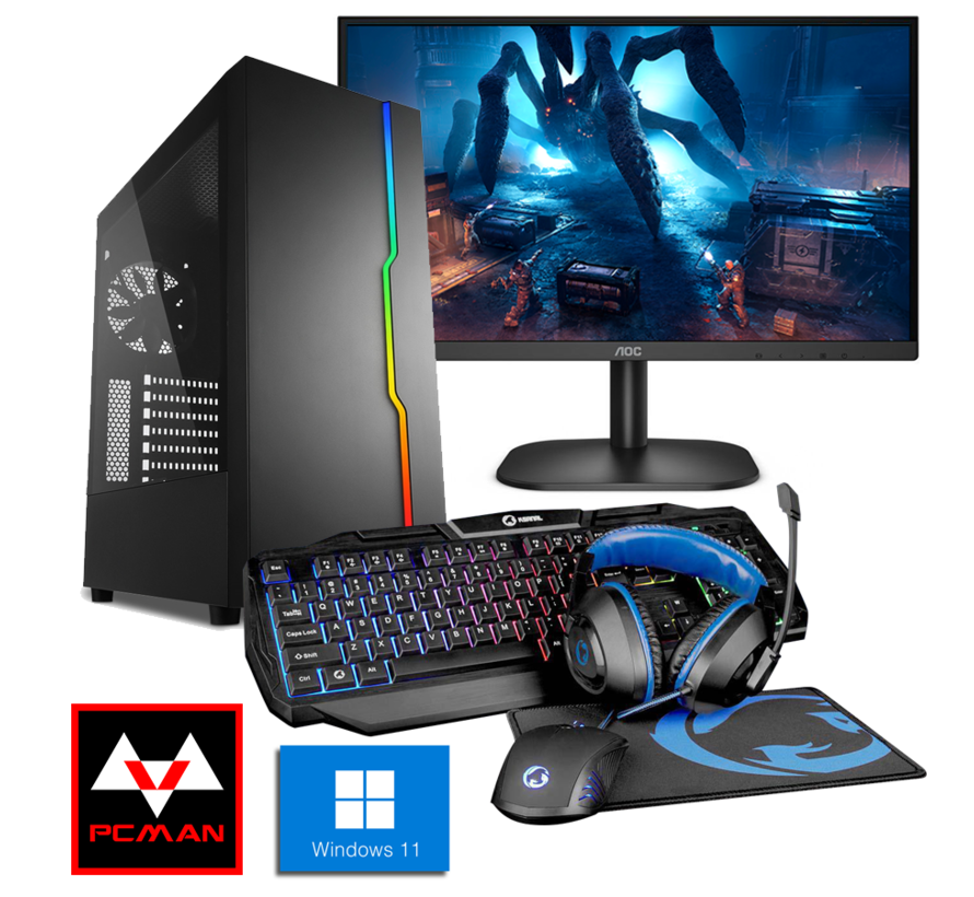 Pcman Game Pc  Slider - i5-11400F - RTX 3060 - 16 GB geheugen - 480 GB SSD + Monitor + Headset + Muis + Toetsenbord met Windows 11 Pro