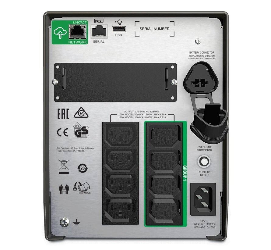 Smart-UPS SMT1500IC | 1500 VA / 1000 W | 8x IEC C13 Stopcontacten | Zuivere Sinusgolf | AVR Spanningsregeling | LCD-scherm | SmartConnect