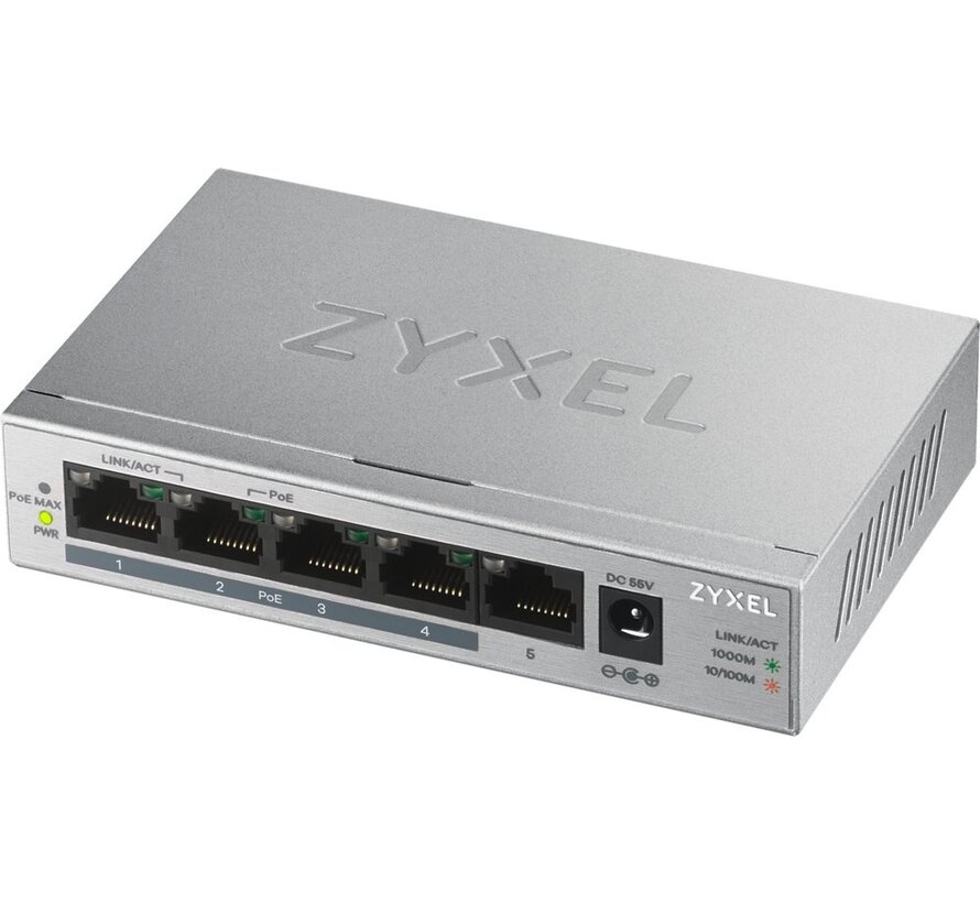 Zyxel GS1005HP | Unmanaged Switch | 5 Poorten | Gigabit Ethernet | PoE | Zilver
