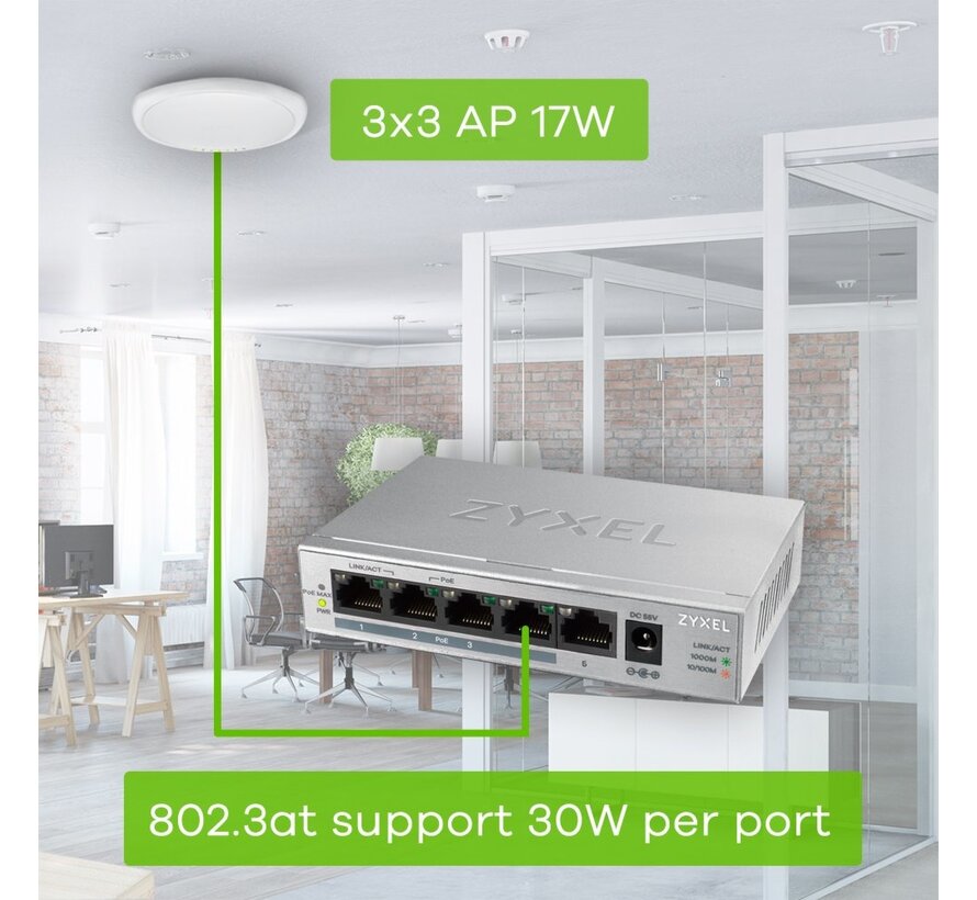 Zyxel GS1005HP | Unmanaged Switch | 5 Poorten | Gigabit Ethernet | PoE | Zilver