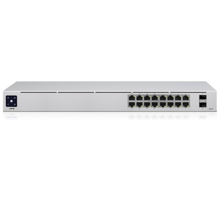 UniFi USW-16-POE Gen2 | 16-poorts Managed L2/L3 Gigabit Switch | 8x PoE+ (802.3at) | 2x SFP | 42W PoE-budget | Fanless | 1U Rackmount