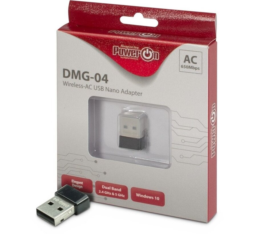 DMG-04 | Wi-Fi 5 USB Nano Adapter | 433 Mbps (5 GHz) / 200 Mbps (2,4 GHz) | USB 2.0 | Zwart