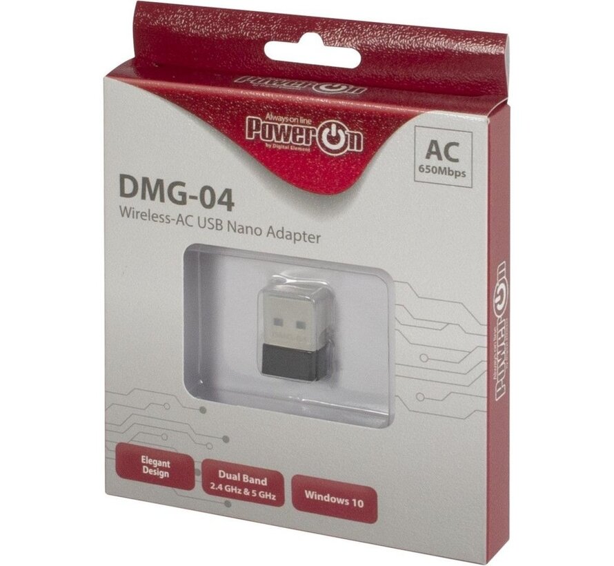 DMG-04 | Wi-Fi 5 USB Nano Adapter | 433 Mbps (5 GHz) / 200 Mbps (2,4 GHz) | USB 2.0 | Zwart