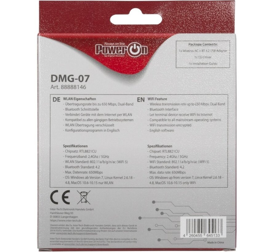 DMG-07 | Wi-Fi 5 & Bluetooth 4.2 USB Adapter | 650 Mbps | Dual-band (2,4 GHz / 5 GHz) | Zwart