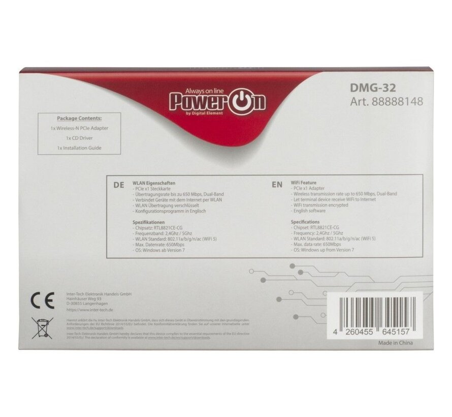 DMG-32 | Interne WLAN-adapter | PCIe x1 | Wi-Fi 5 (802.11ac) | Dual-band 2,4 & 5 GHz | 650 Mbps | 2x 2dBi antennes