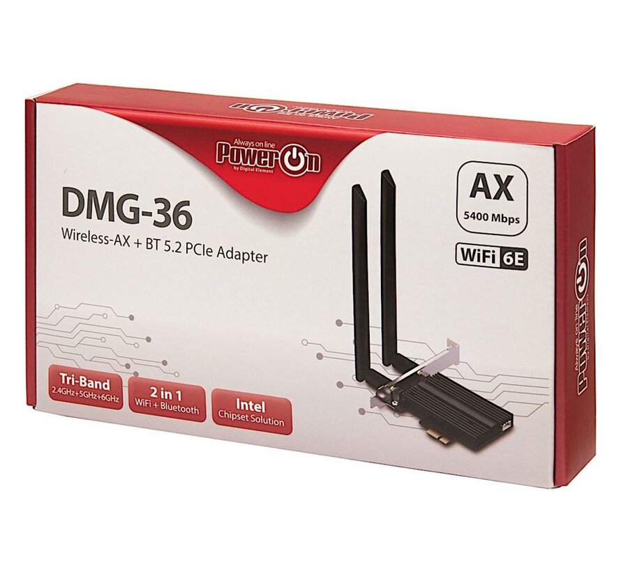 DMG-36 Interne Adapter | WLAN: 802.11 a/b/g/n/ac/ax (Wi-Fi 6E) | Tot 5400 Mbit/s | Bluetooth 5.2