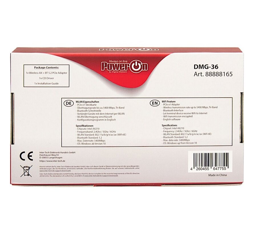 DMG-36 Interne Adapter | WLAN: 802.11 a/b/g/n/ac/ax (Wi-Fi 6E) | Tot 5400 Mbit/s | Bluetooth 5.2