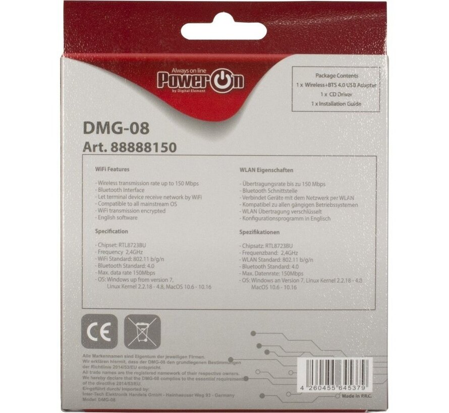 DMG-08 | Wi-Fi 4 & Bluetooth 4.0 USB Adapter | 150 Mbps | 2,4 GHz | USB 2.0 | Zwart