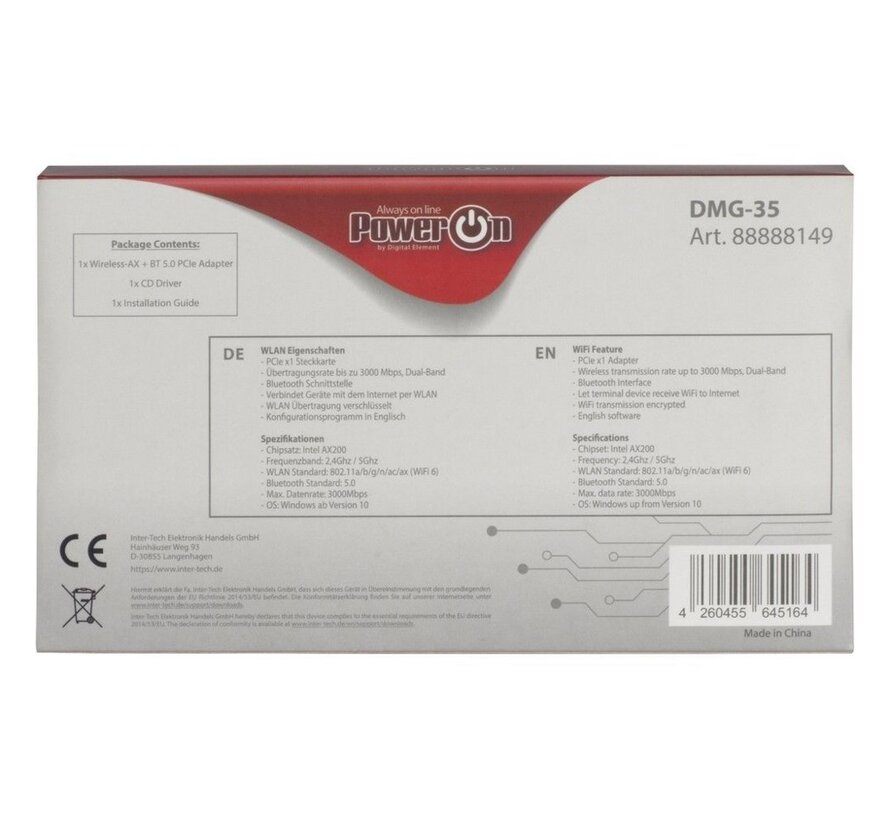 DMG-35 | Wi-Fi 6 & Bluetooth 5.0 PCIe Adapter | 3000 Mbps | Dual-band (2,4 GHz / 5 GHz) | Intel AX200 Chipset | PCIe x1