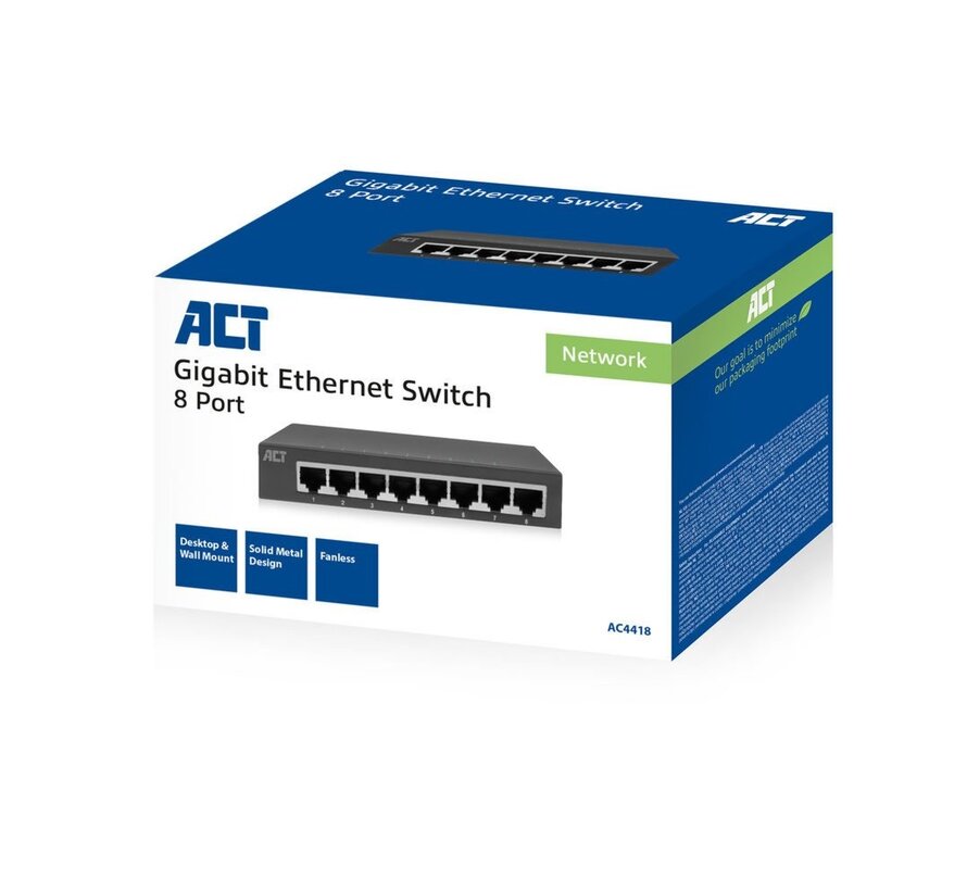 AC4418 | Unmanaged Switch | 8 Poorten | Gigabit Ethernet | Grijs | Plug & Play