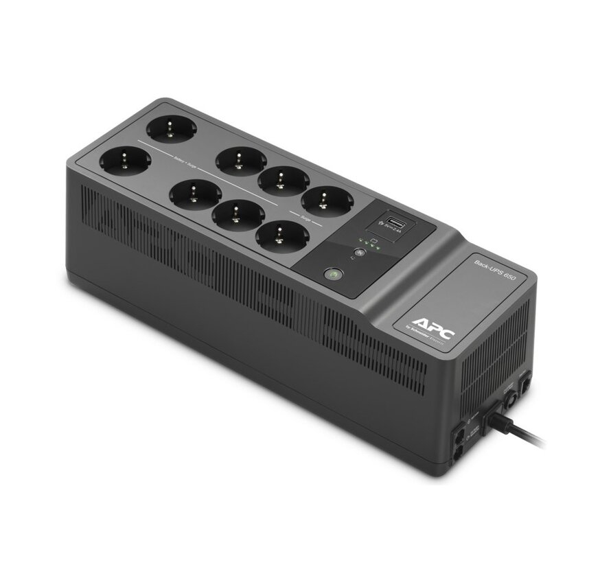 Back-UPS BE650G2-GR | 650 VA / 400 W | 8x Schuko Stopcontacten | 1x USB-A Oplaadpoort | LED-statusindicator | Vervangbare Batterij | Compacte Towe