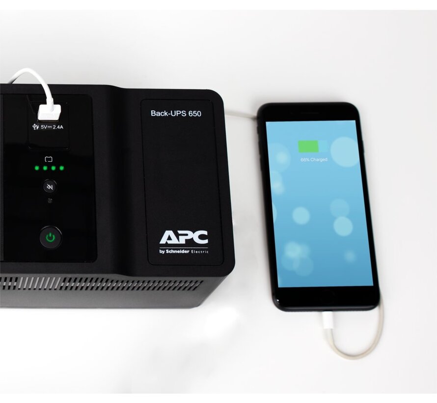 Back-UPS BE650G2-GR | 650 VA / 400 W | 8x Schuko Stopcontacten | 1x USB-A Oplaadpoort | LED-statusindicator | Vervangbare Batterij | Compacte Towe