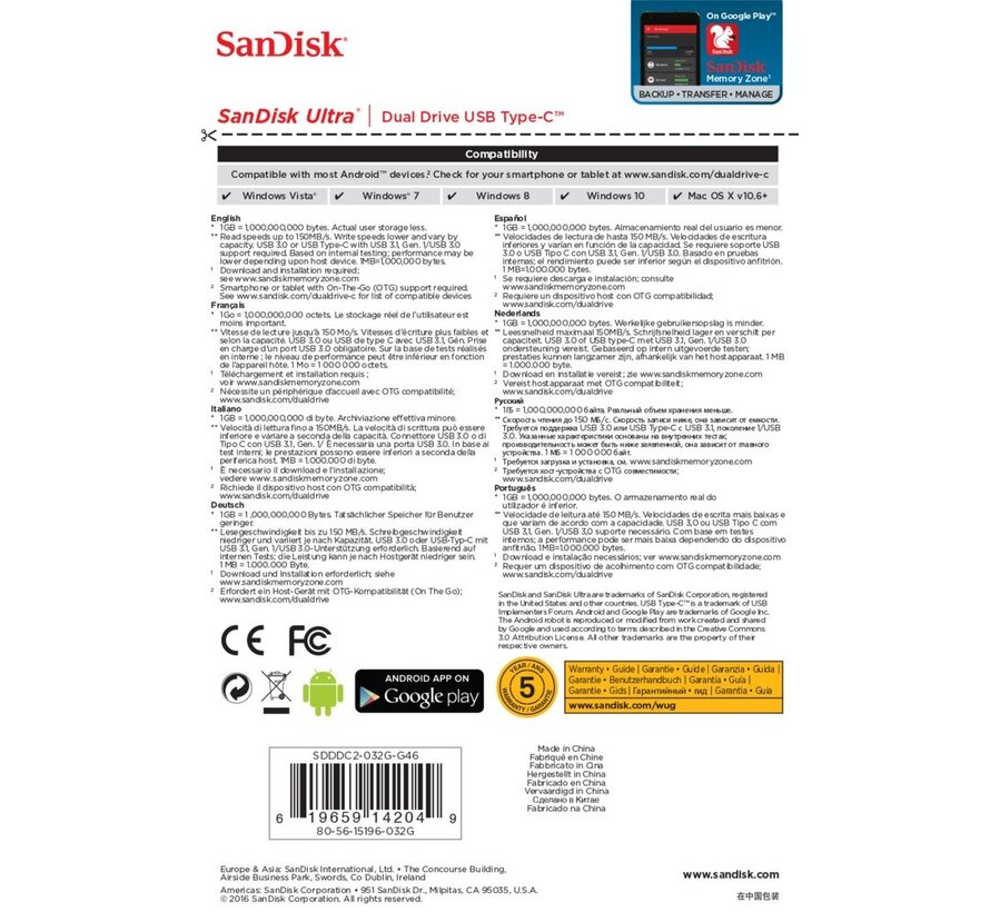 SanDisk Ultra Dual Drive USB Type-C USB flash drive 32 GB USB Type-A / USB Type-C 3.2 Gen 1 (3.1 Gen 1) Zwart, Zilver