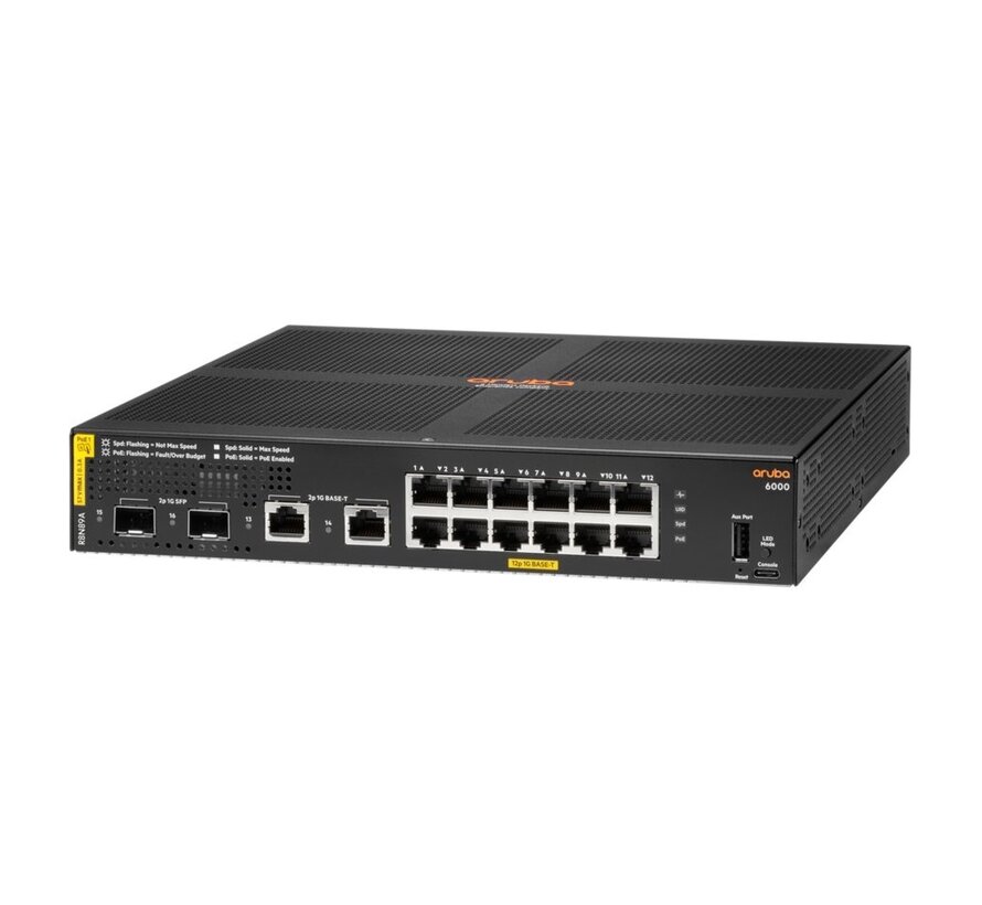 Aruba 6000 12G PoE+ Switch | 12x Gigabit PoE+ | 2x SFP | 139W | Managed L3 | Rackmount 1U